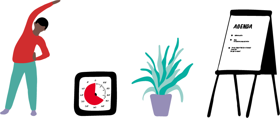 Illustrationer av en klocka, en växt, en agenda och en stretchande person